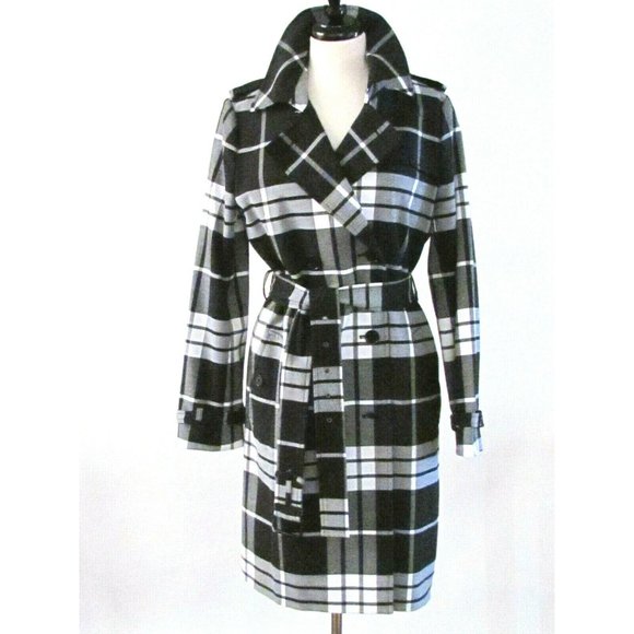 Michael Kors Black White Double Breasted Check Belted Trench Coat Designer Large